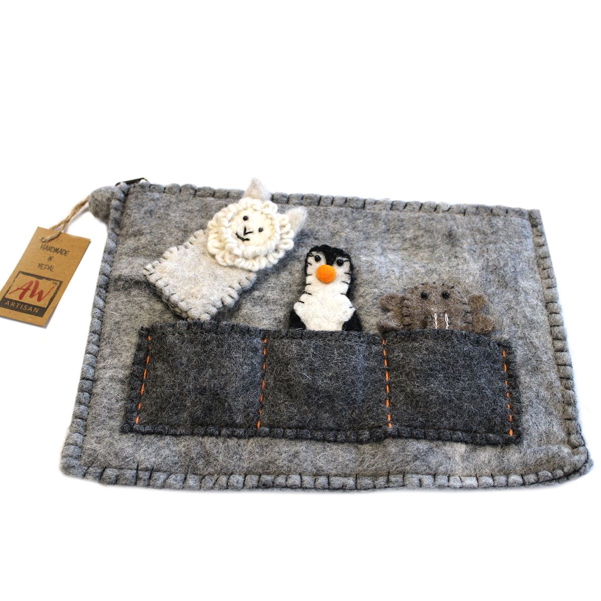 Bolsa para tablet com fantoches de dedo