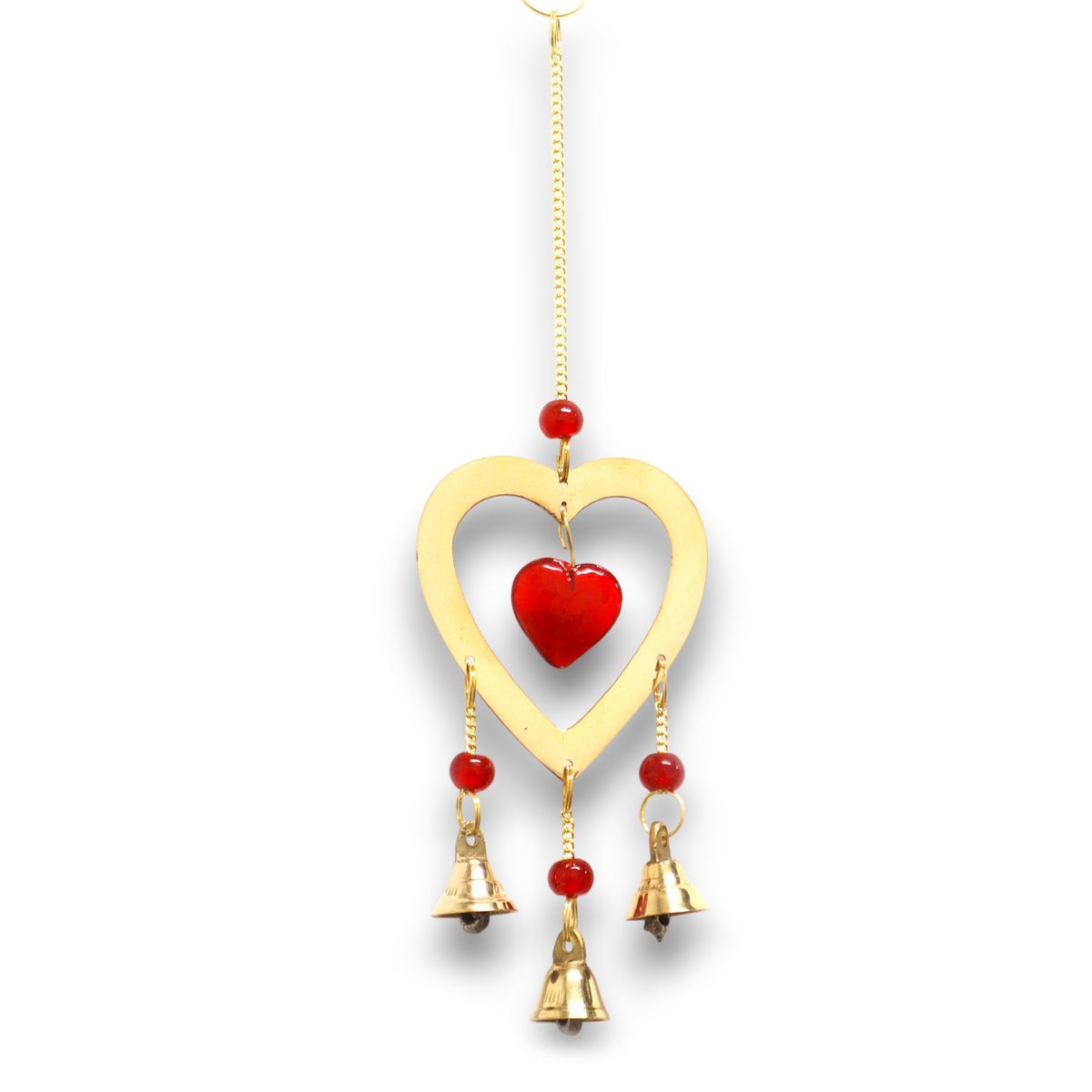 Sinos indianos - Latão com contas de coração de cristal rubi - 3 sinos - 6,5x24 cm