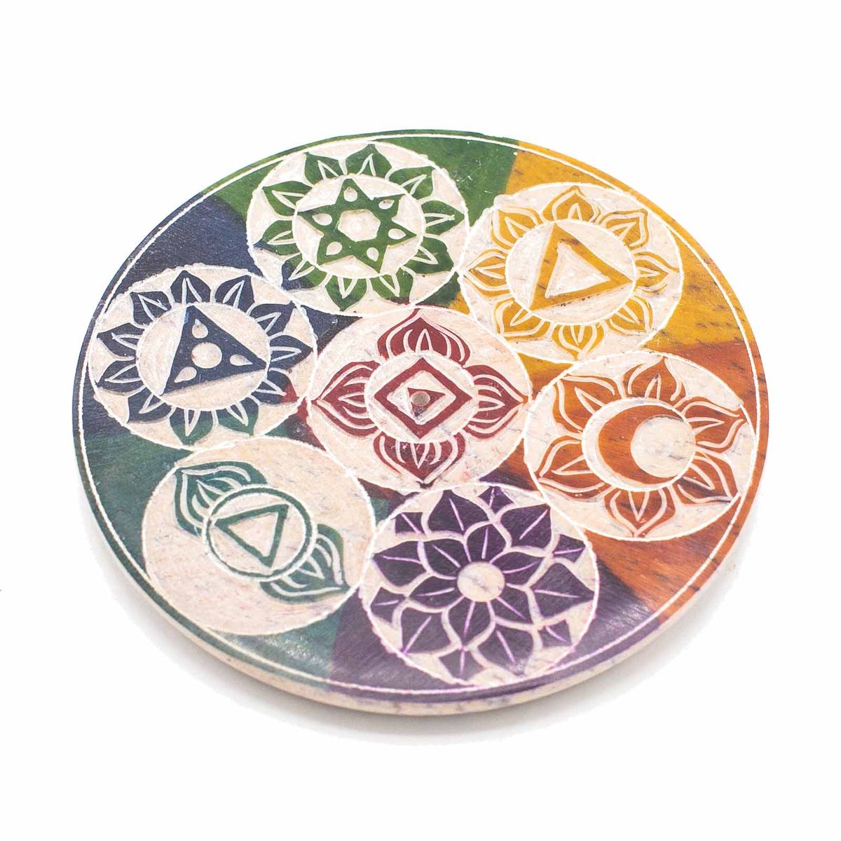 Porta-incenso em disco de esteatita para cones de 10 cm – Sete Chakras