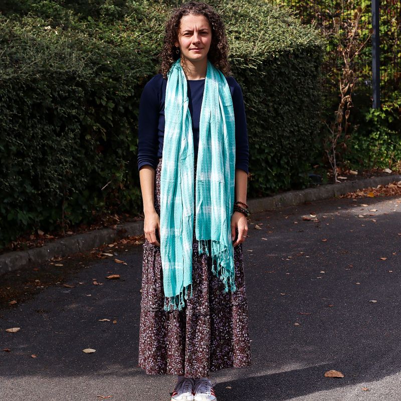 Foulard Bohème Java Art - Rayures Sarcelle & Motif - 62x200 cm