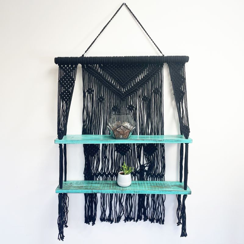 Étagères Suspendues en Macramé Noir - Turquoise