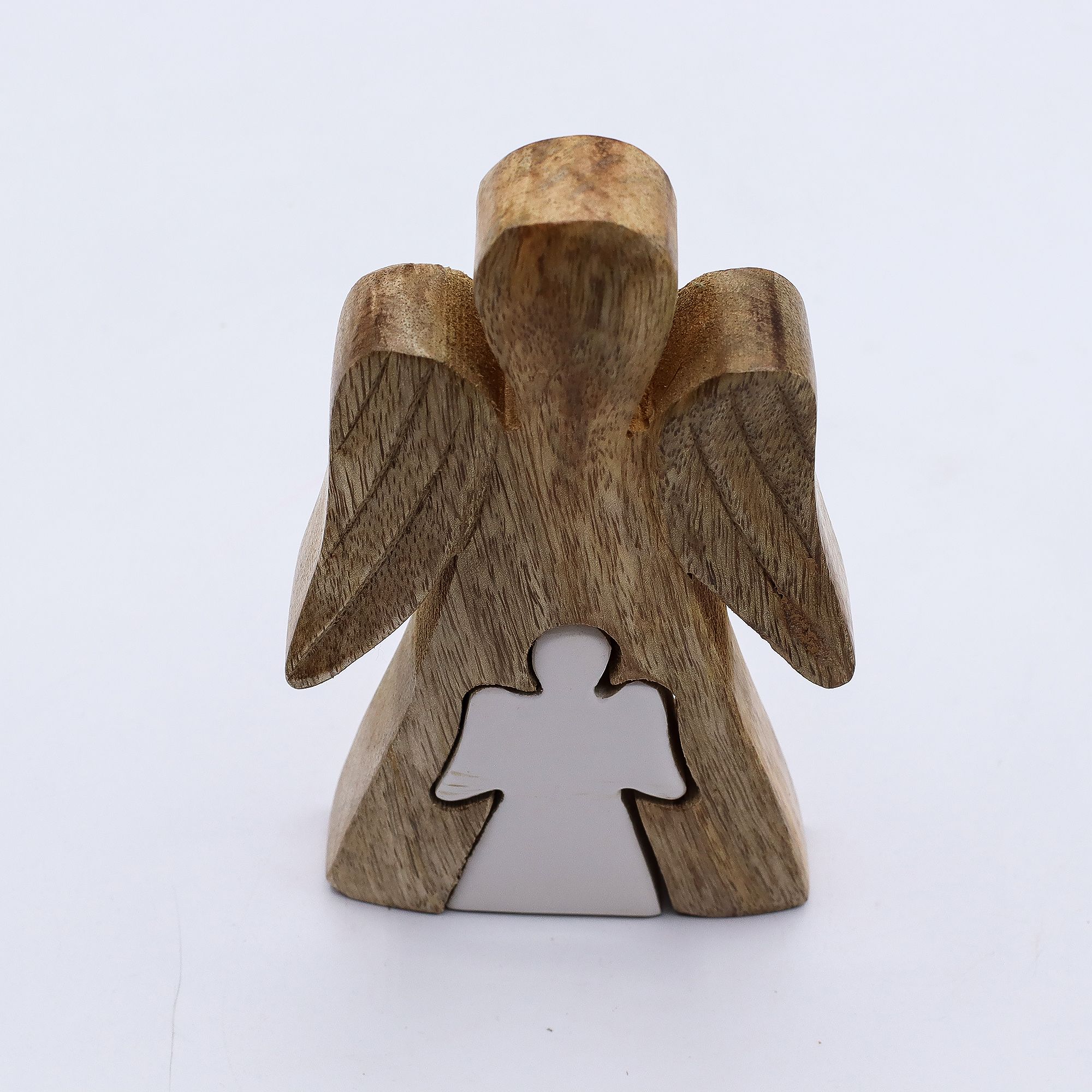 Mango Wood Embracing Angel Figurine - White Enamel
