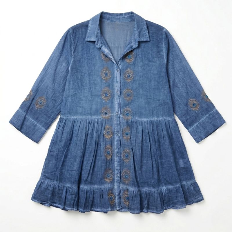 Nomad Sari On the Med Collection - Tunic Dress - Dusky Blue with Evil Eye Block Print (M-L)