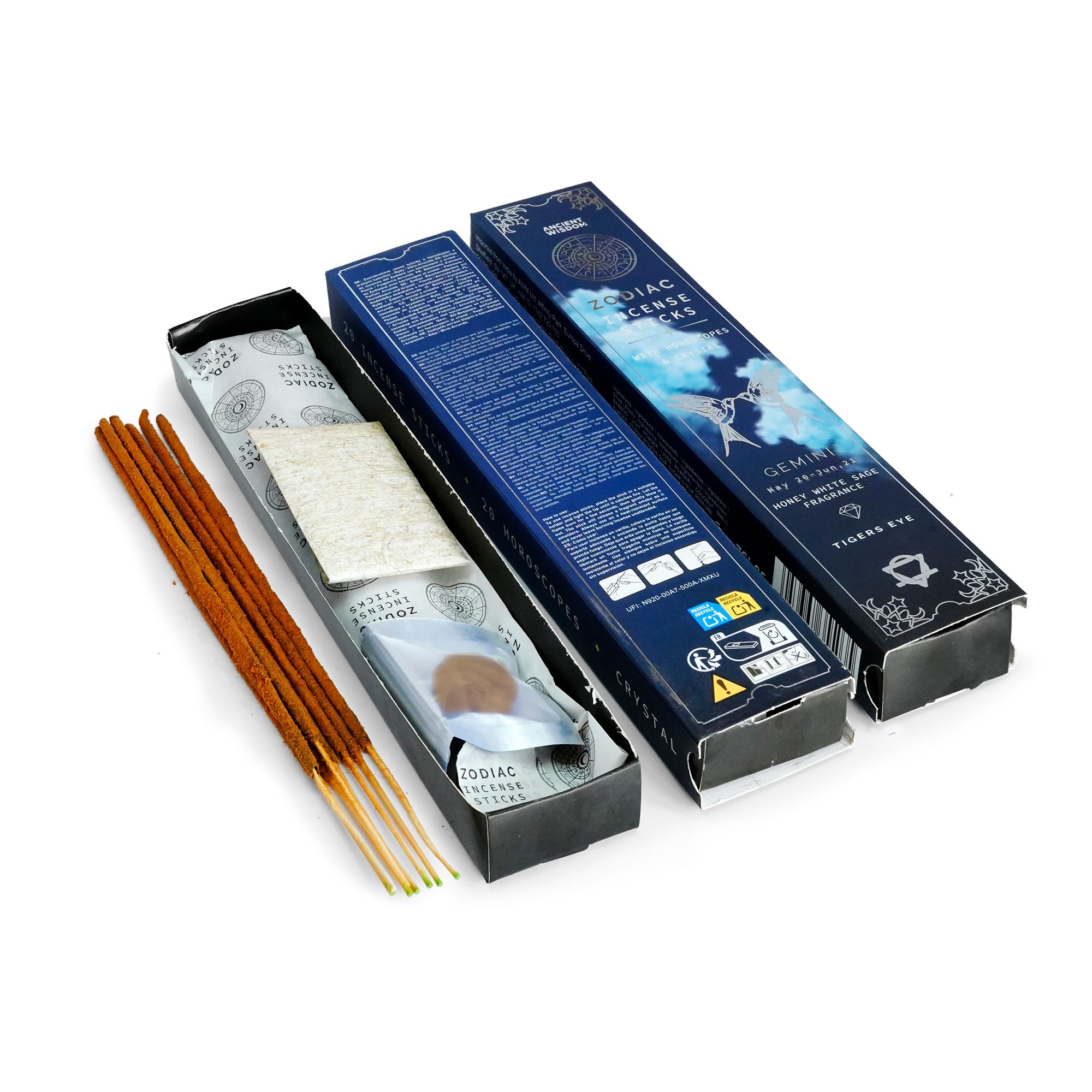 White Sage & Honey Incense Sticks with Tiger Eye Stone & Burnable Horoscopes - Gemini