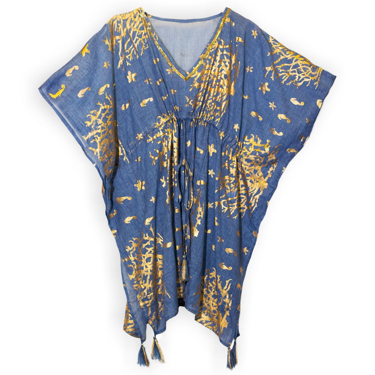 Nomad Sari Kaftan – Azul-marinho com estampado de coral dourado