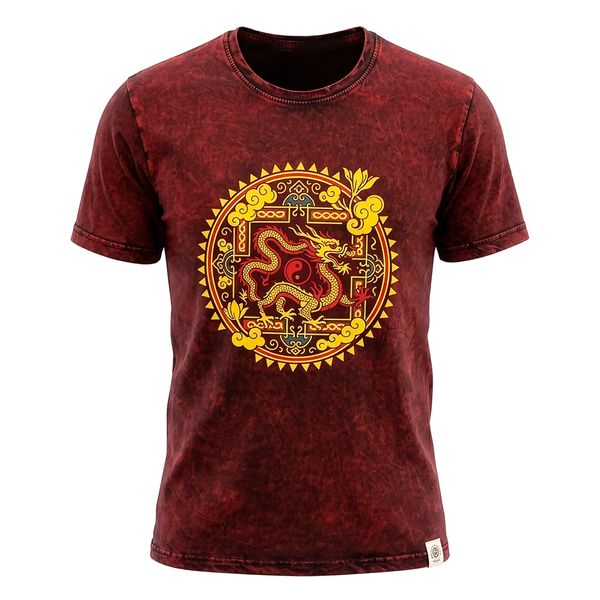Nomad Sari Camiseta de algodón lavado a la piedra - Mandala de dragón - granate - Grande
