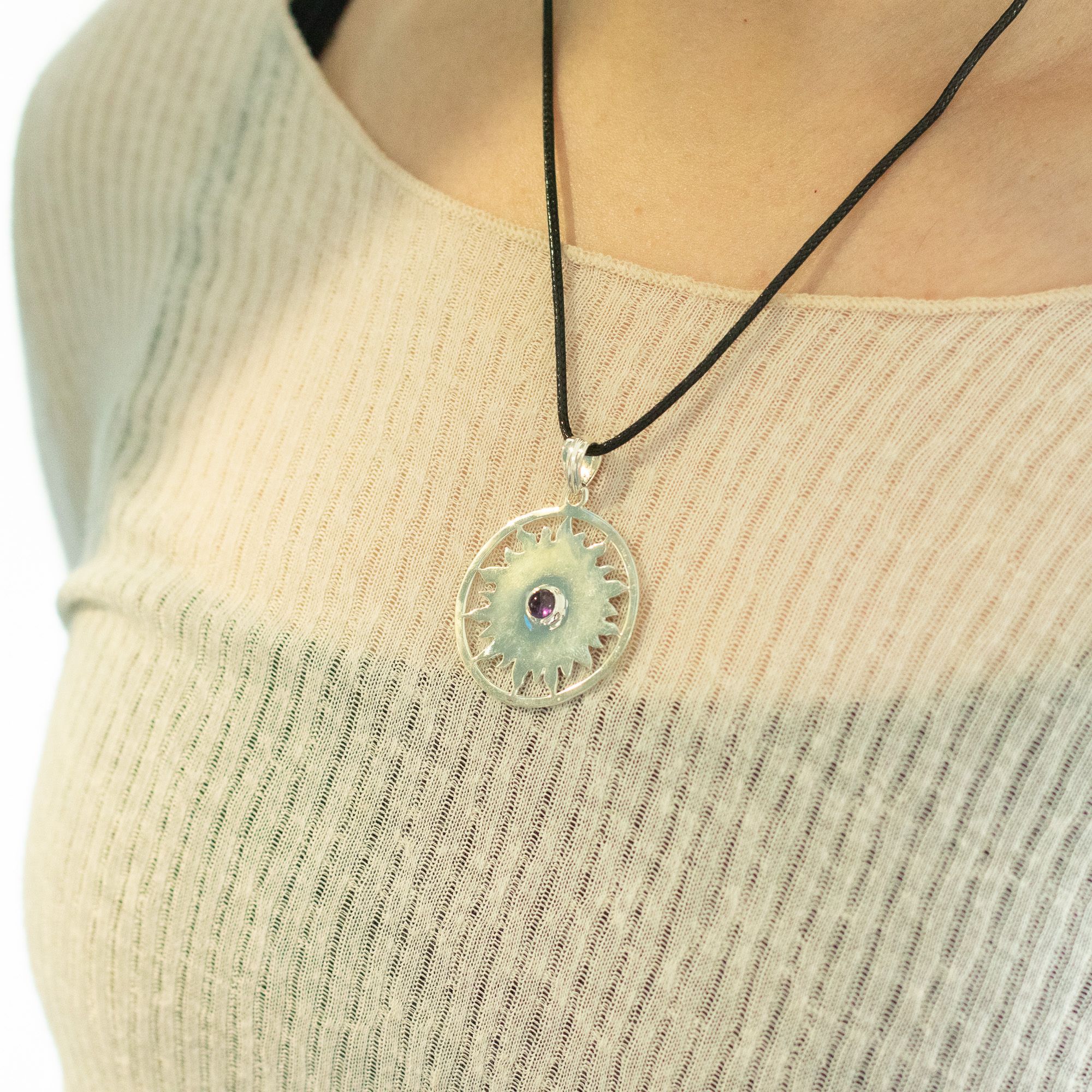 Devotional Pendant - Silver Plated (45cm Cord)- Sun Worship Amethyst
