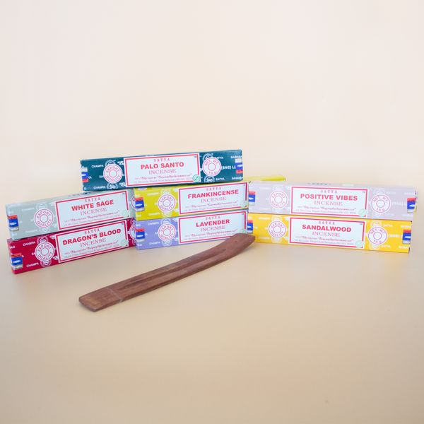 Satya Incense Sticks Starter Pack Set (7 scents + Mango Wood Incense Holder)