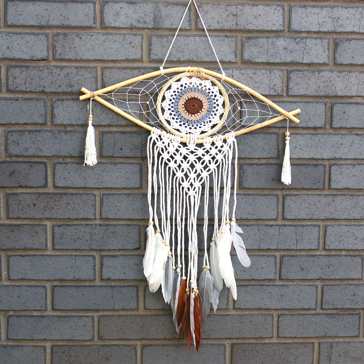 Apanha-sonhos - Médio Macramé Olho Branco / Cinzento / Castanho