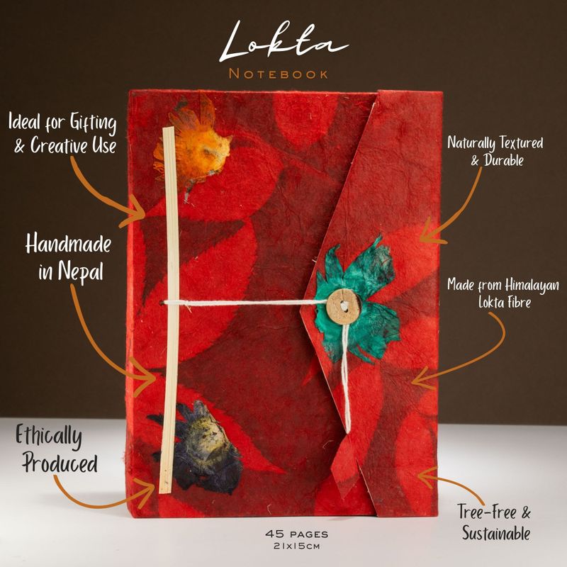 Lrg Lokta Bold Floral Notebook (21x15cm) - 45 leafs - inc bookmark - Ruby