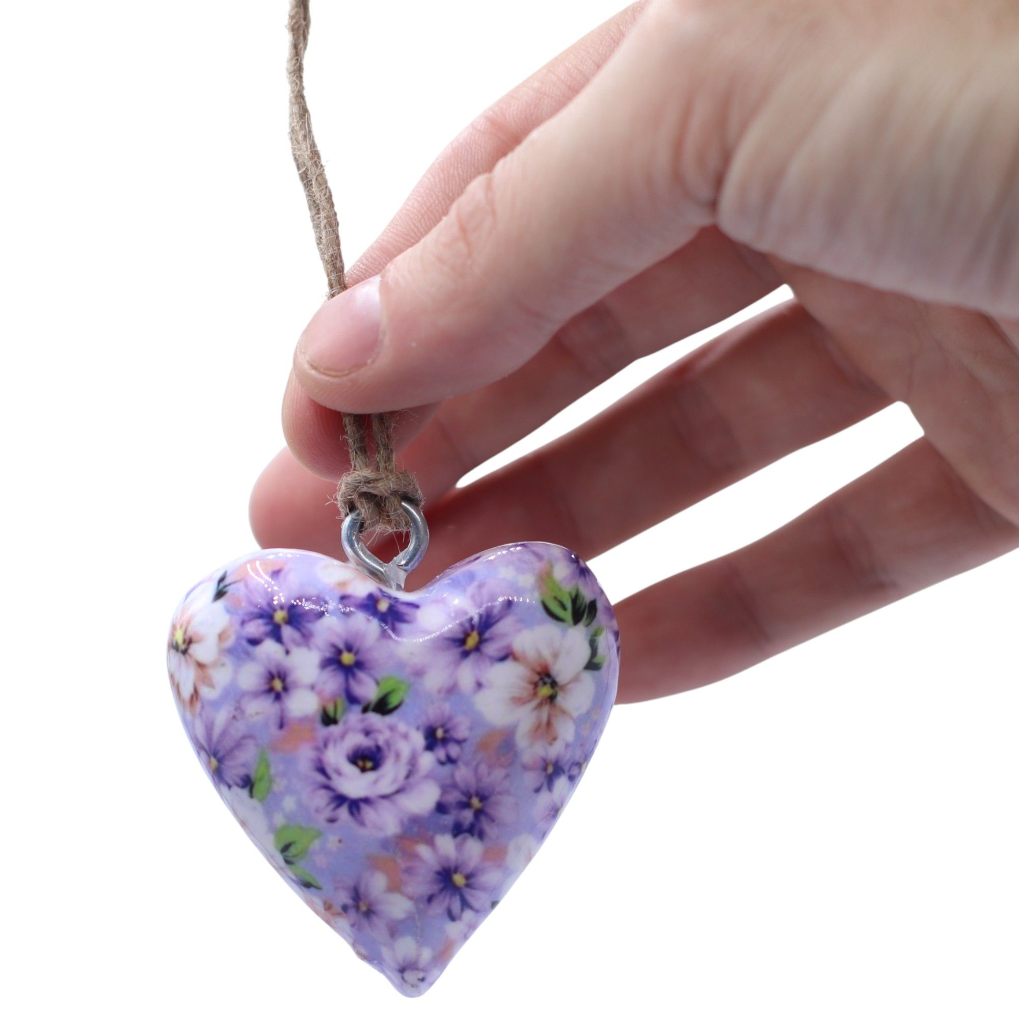 Stora Dekorativa Trähjärtan - Lila Blommor - i Displayburk