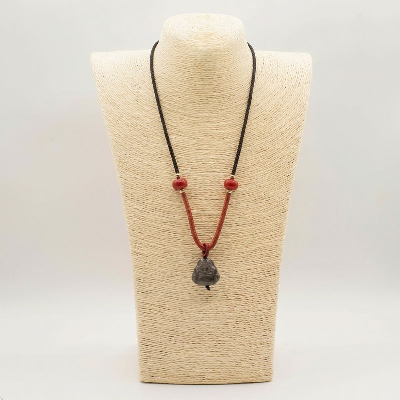 Cord Necklace Gemstone Pendants - Silver Obsidian Buddha