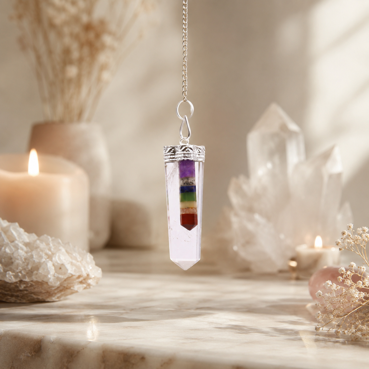 Crystal - 7 Chakra Bounded Thin Point Flat Pendants