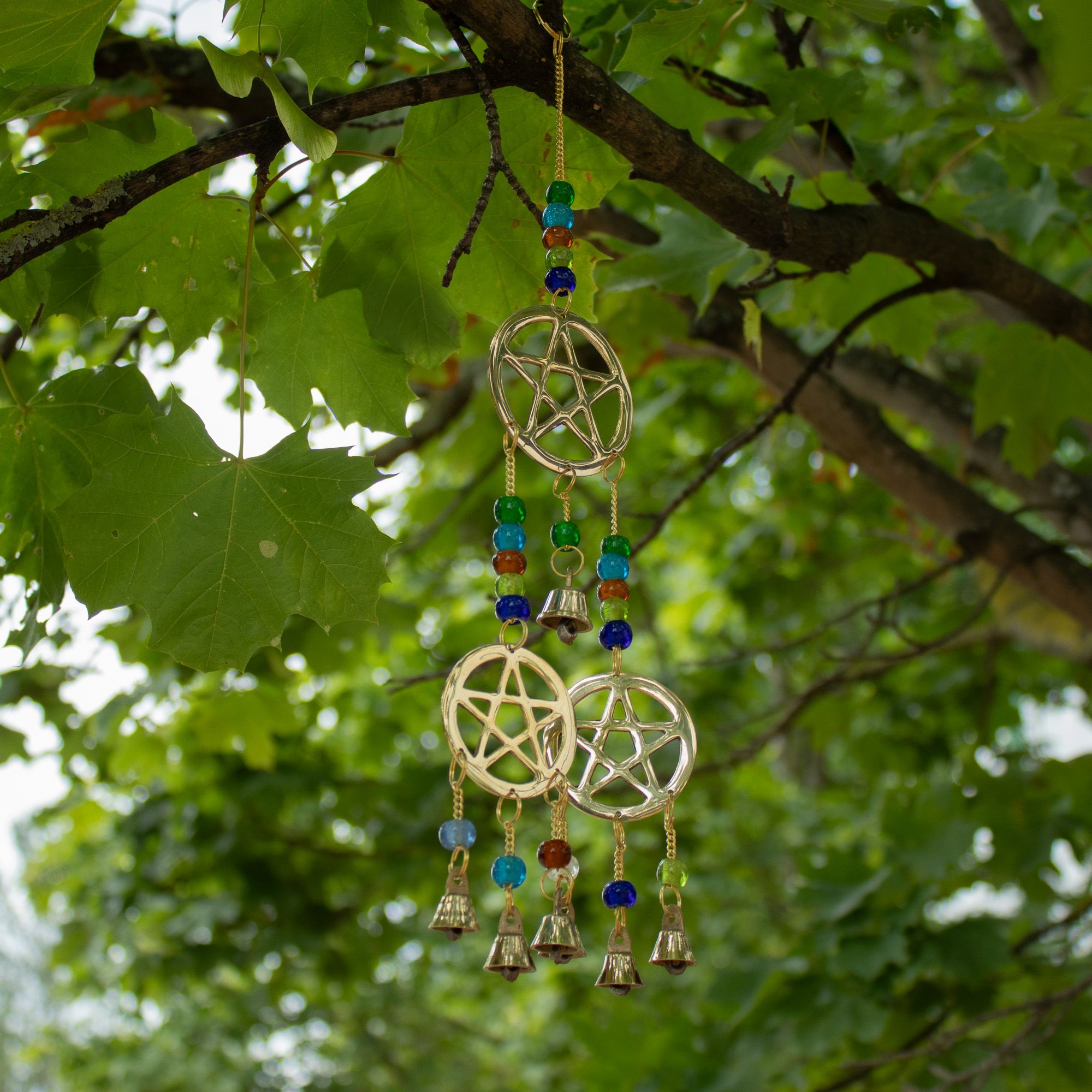 Indian Chimes - Brass Tri-Pentagram - 7 Bells - 9.5x32cm