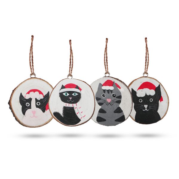 Gatos de Natal - Decoração de Natal de tronco pintado à mão (conjunto 4)