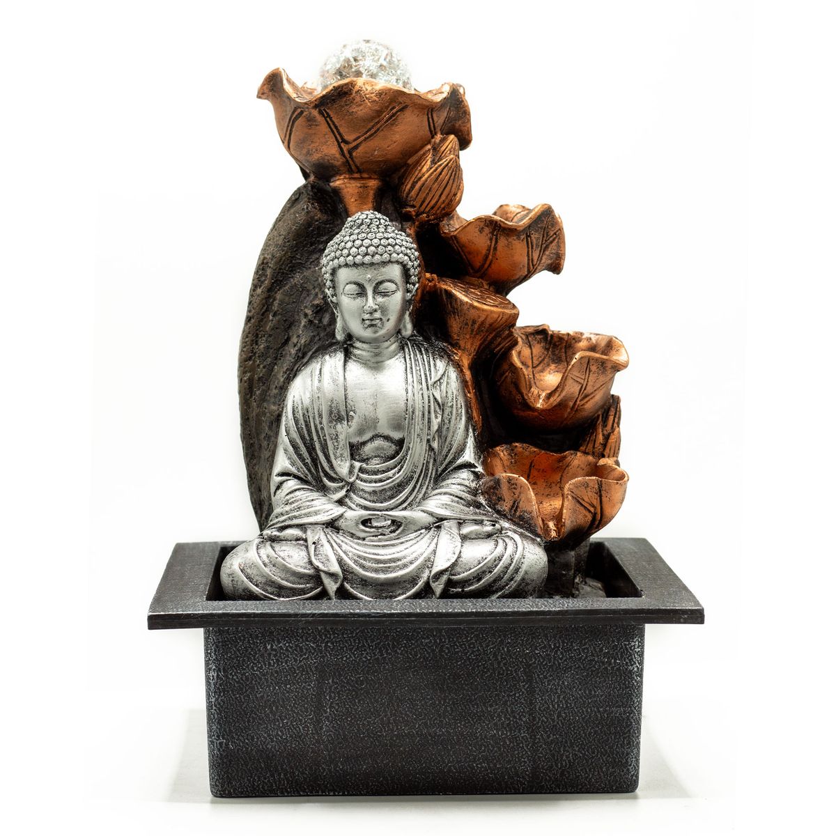 Fonte de água para interior - Cascata Buda prateado e bola de cristal 35 cm