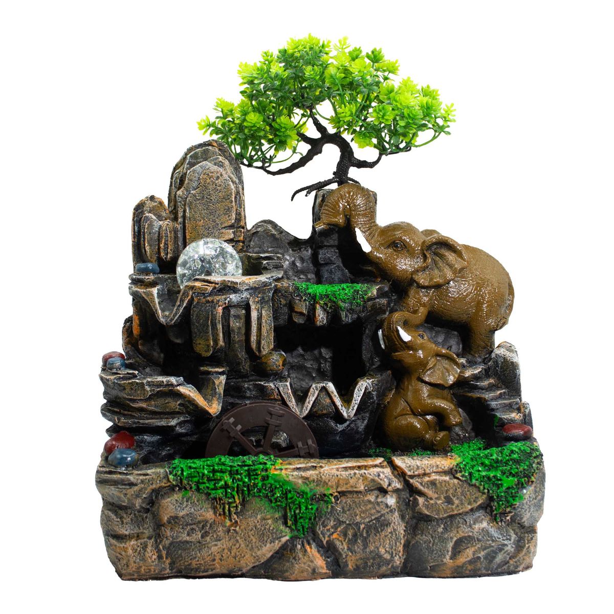 Fonte decorativa de mesa com elefantes apaixonados, bola de cristal, luz e moinho de água (30x20x35 cm)