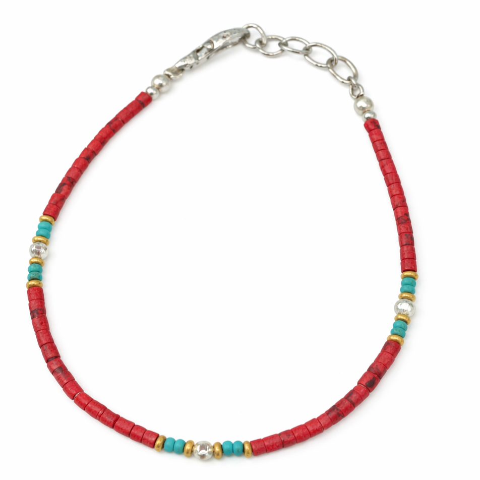 Pulseira nepalesa de pedras preciosas extrafinas - Conta de coral tribal