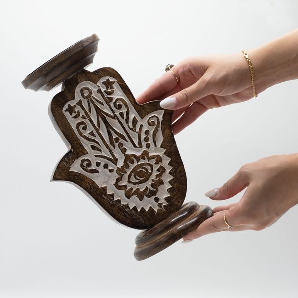 Support de bougie en bois de mangue - Hamsa - Grand 25x18cm