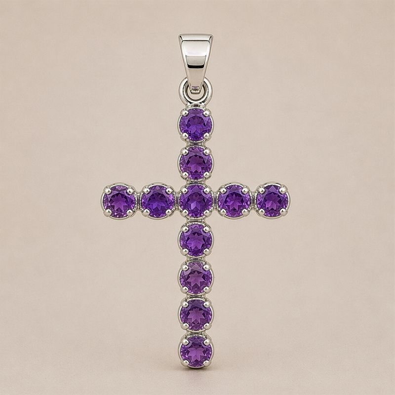 Indian Devotional Pendant - Silver Plated (45cm Chain)- Amethyst Crucifix