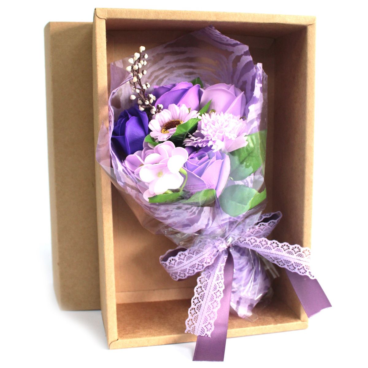 Bouquet de flores de sabonete em caixa - roxo