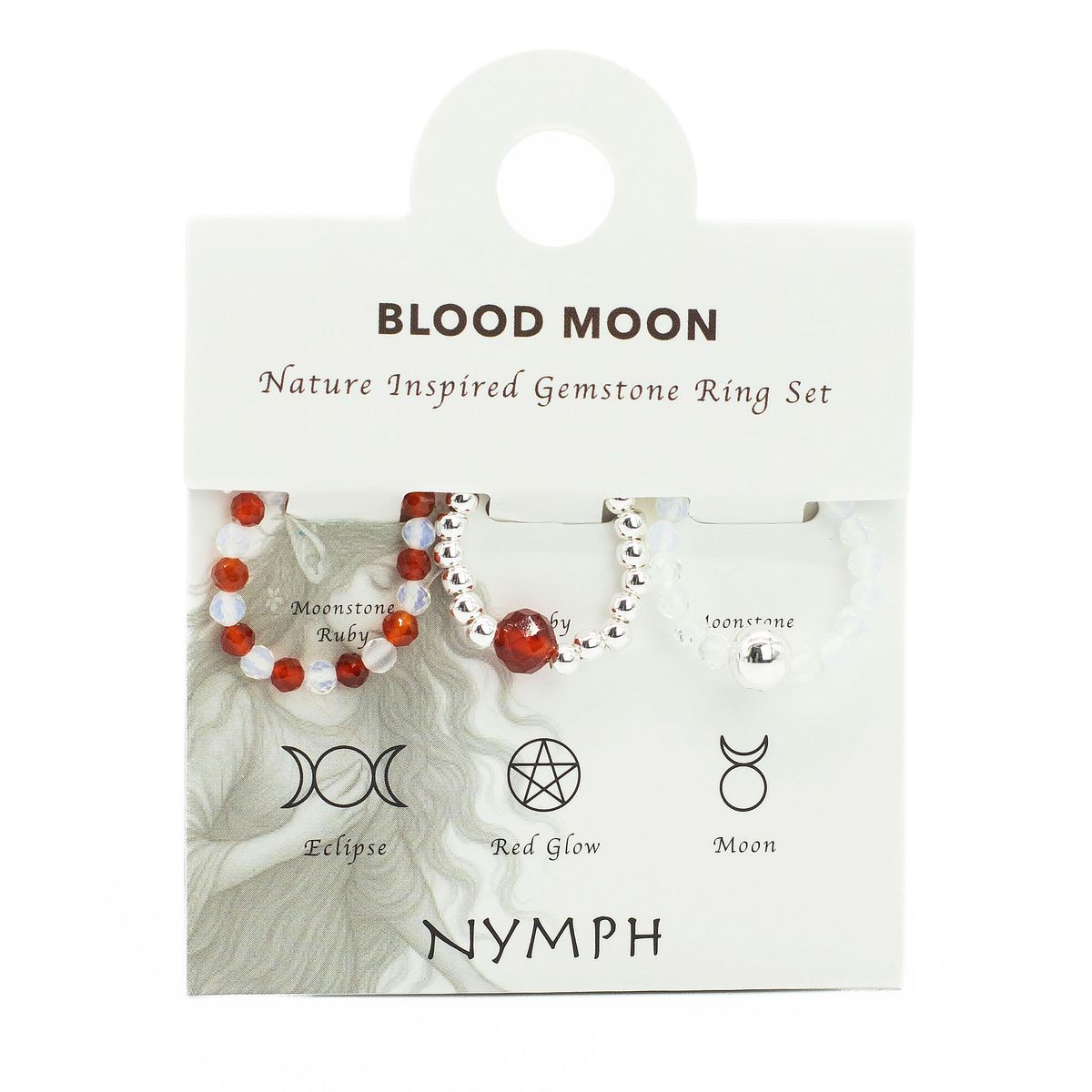 Conjunto de anéis com pedras preciosas de ninfa - Lua de Sangue