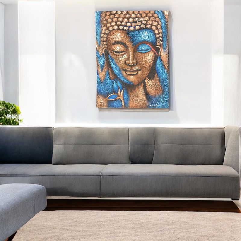 Peinture Bouddha - Bronze et Fleur Bleue