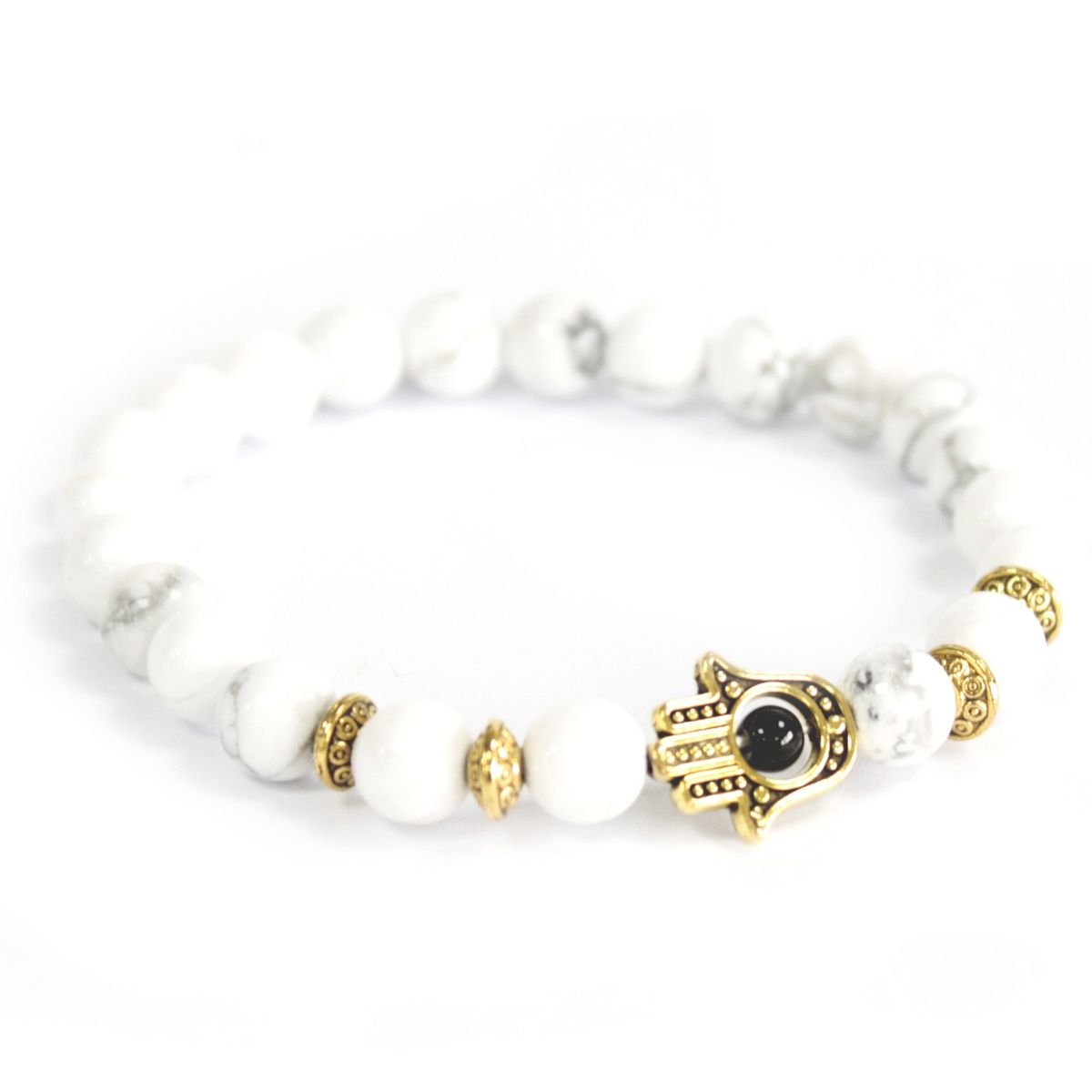 Hamsa dourada / pedra branca - pulseira de pedras preciosas
