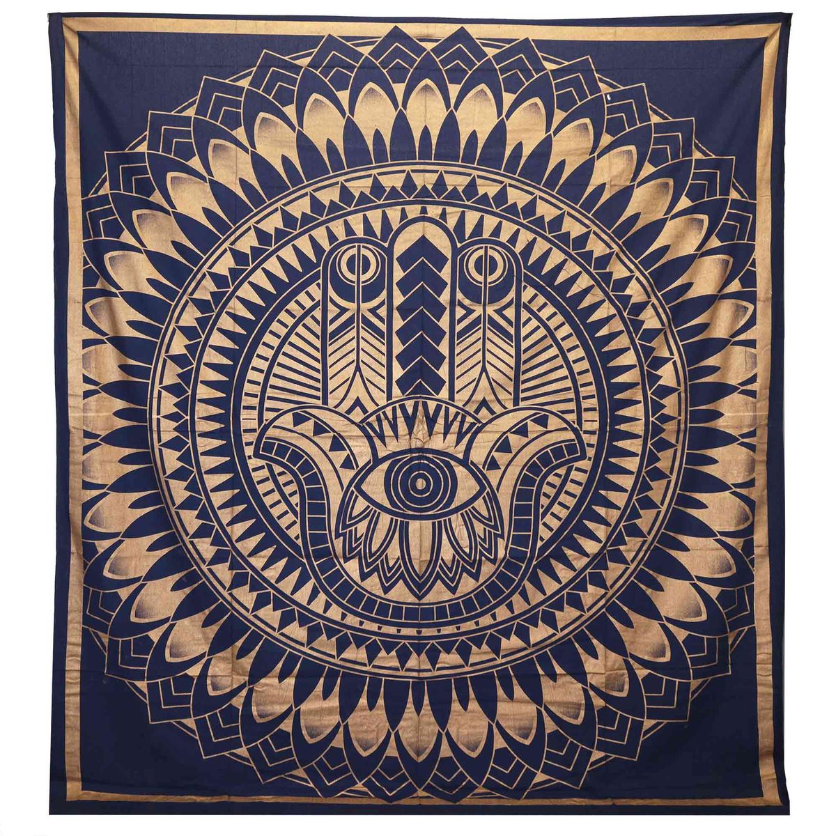 Colcha Dupla de Algodão + Pendente de Parede - Hamsa - Azul Dourado