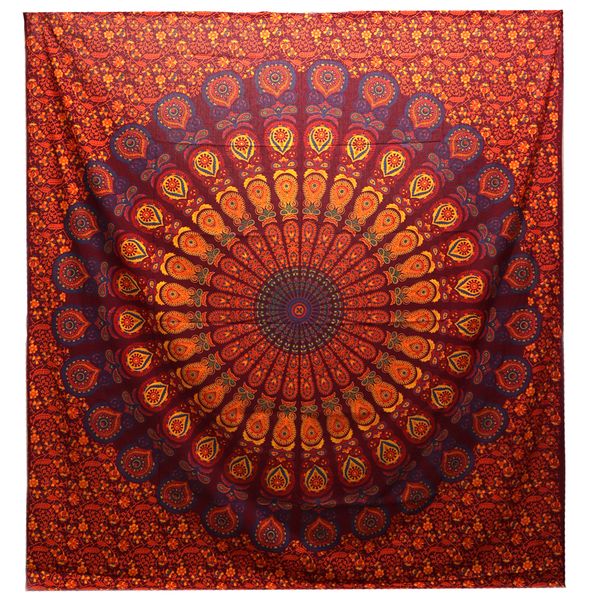 Colcha Doble de Algodón + Colgante de Pared - Mandala Pavo Real - Granate