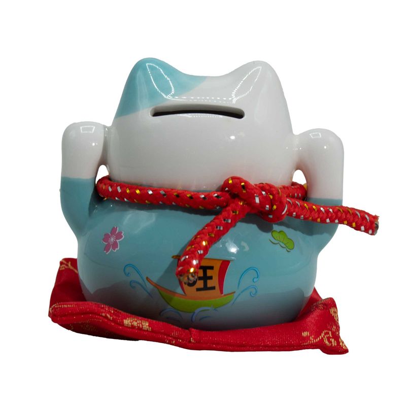 Pușculiță Pisică Norocoasă din Ceramică – Albastră pe Pernă