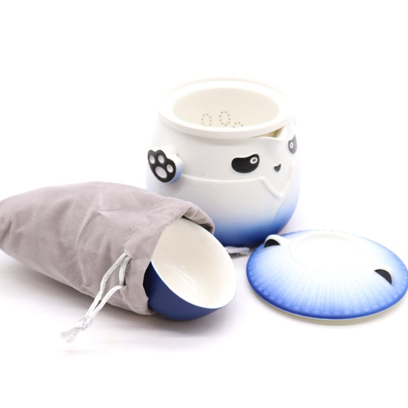 Ensemble Théière Panda et Trois Tasses - Bleu Ciel