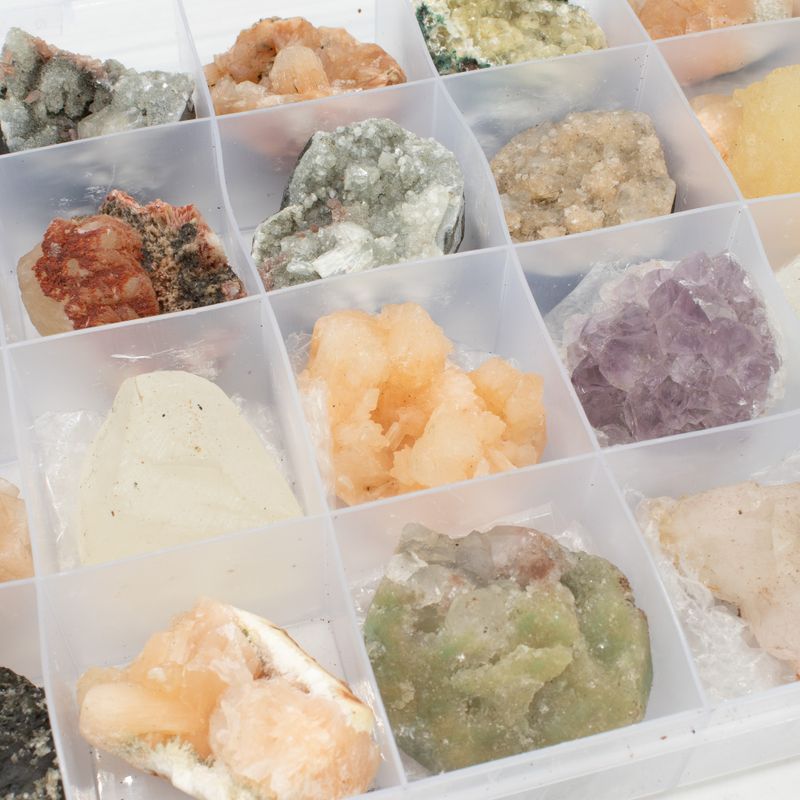 Mineral Specimens - 24 pieces of Mixed Indian Zeolites in a Display