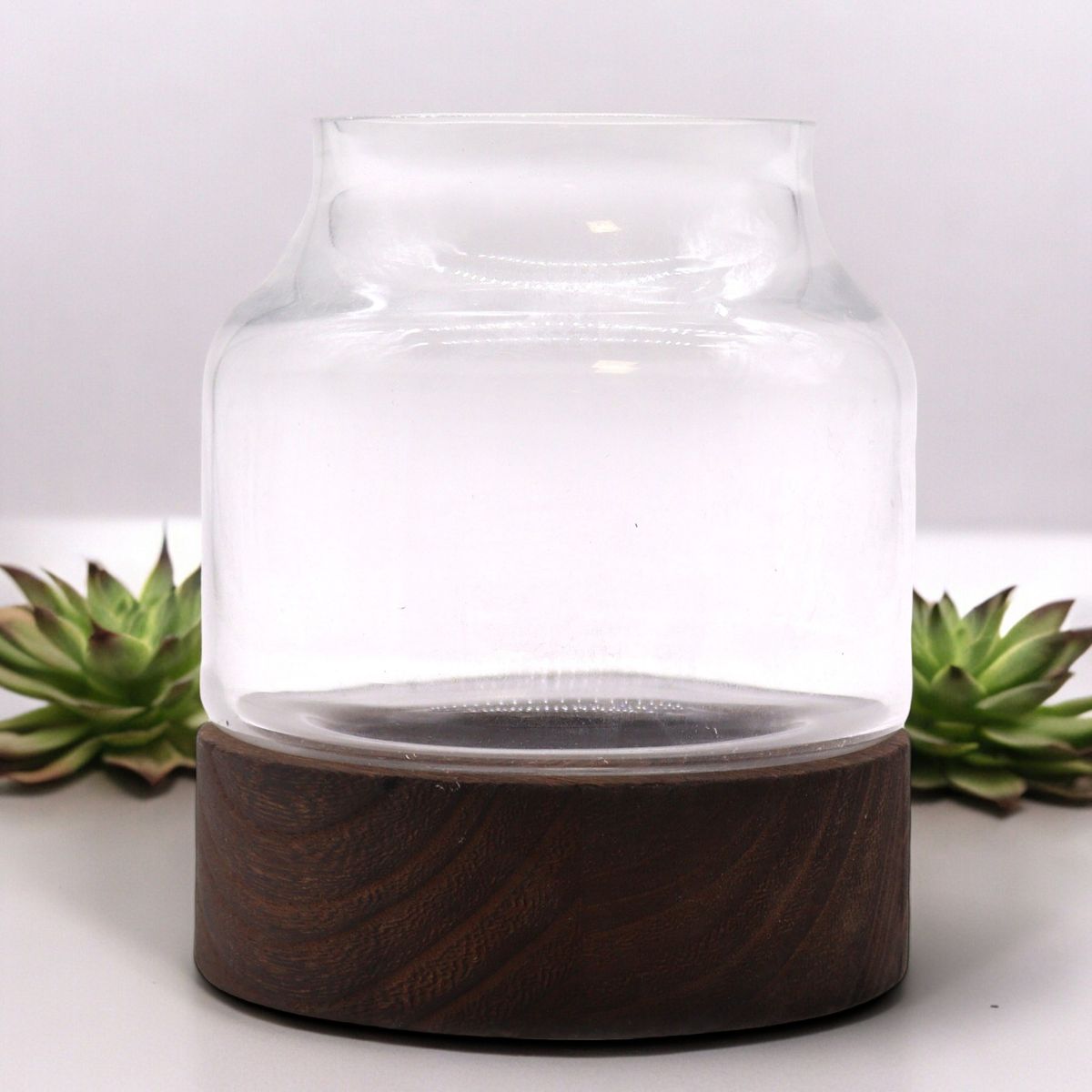 Pequeno terrário em madeira de tung escuro - 12x13 cm