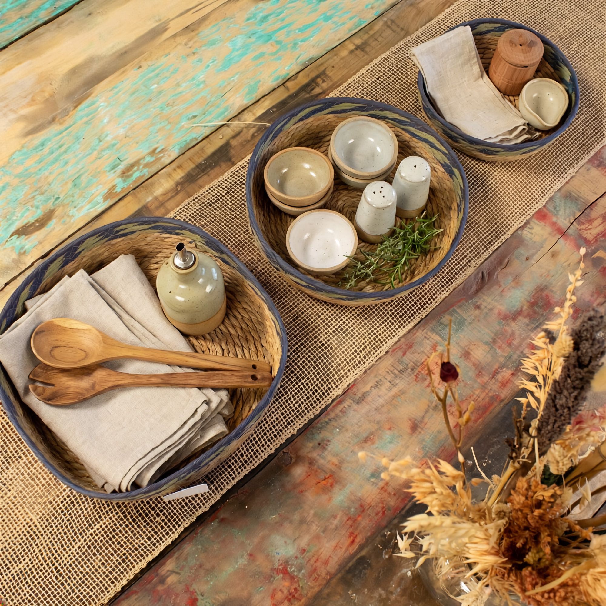 Korgbrickor i Halm & Sjögräs – Naturlig Grön & Blå - Set om 3