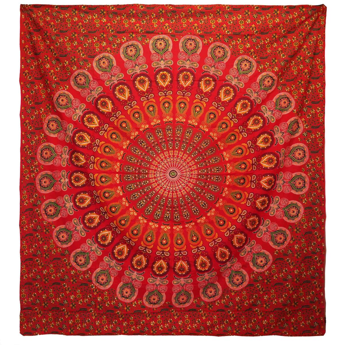 Colcha Dupla de Algodão + Pendente de Parede - Mandala Pavão - Vermelho