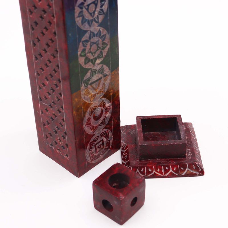 Porte-encens en pierre à savon Tour Carrée 25 cm - 7 Chakras