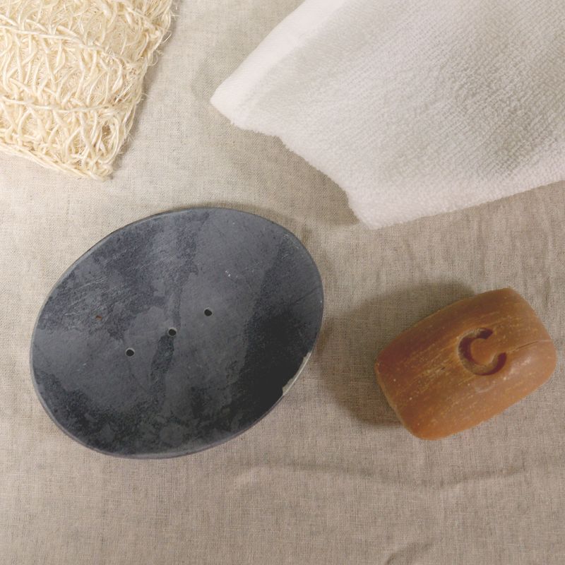 Porte-savon en pierre à savon grise 10x12cm - Ovale classique
