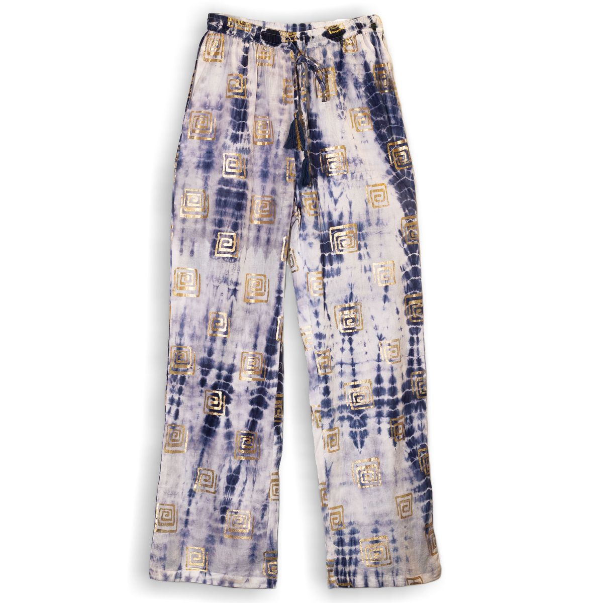 (ML) Coleção Nomada Sari Mediterrâneo - Calças - Motivo grego em dourado e azul