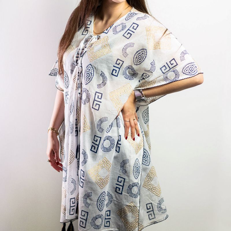 Nomad Sari On the Med Kolekcija - Kaftan - Zlatna & Plava s Grčkim Motivima - Ručno Oslikano