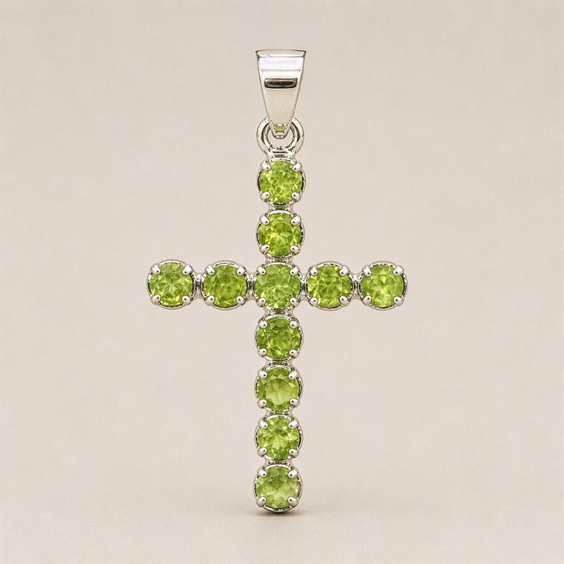 Indian Devotional Pendant - Silver Plated (45cm Chain)- Peridot Crucifix