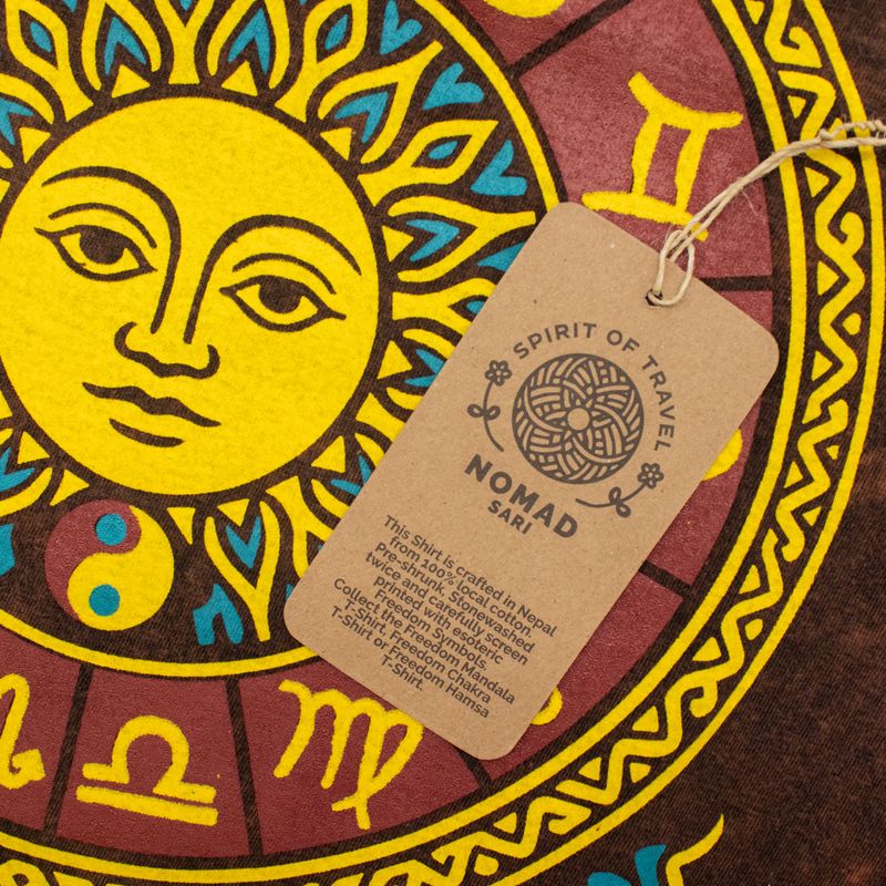 Nomad Sari Camiseta de Algodón Lavado a Piedra - Sol y Zodíaco - Marrón - Grande