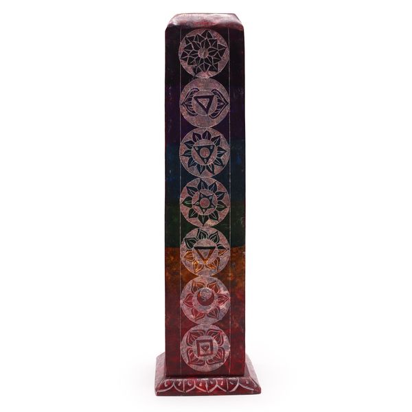 Porta-Incenso de Pedra-Sabão com Torre Quadrada 25cm - 7 Chakras