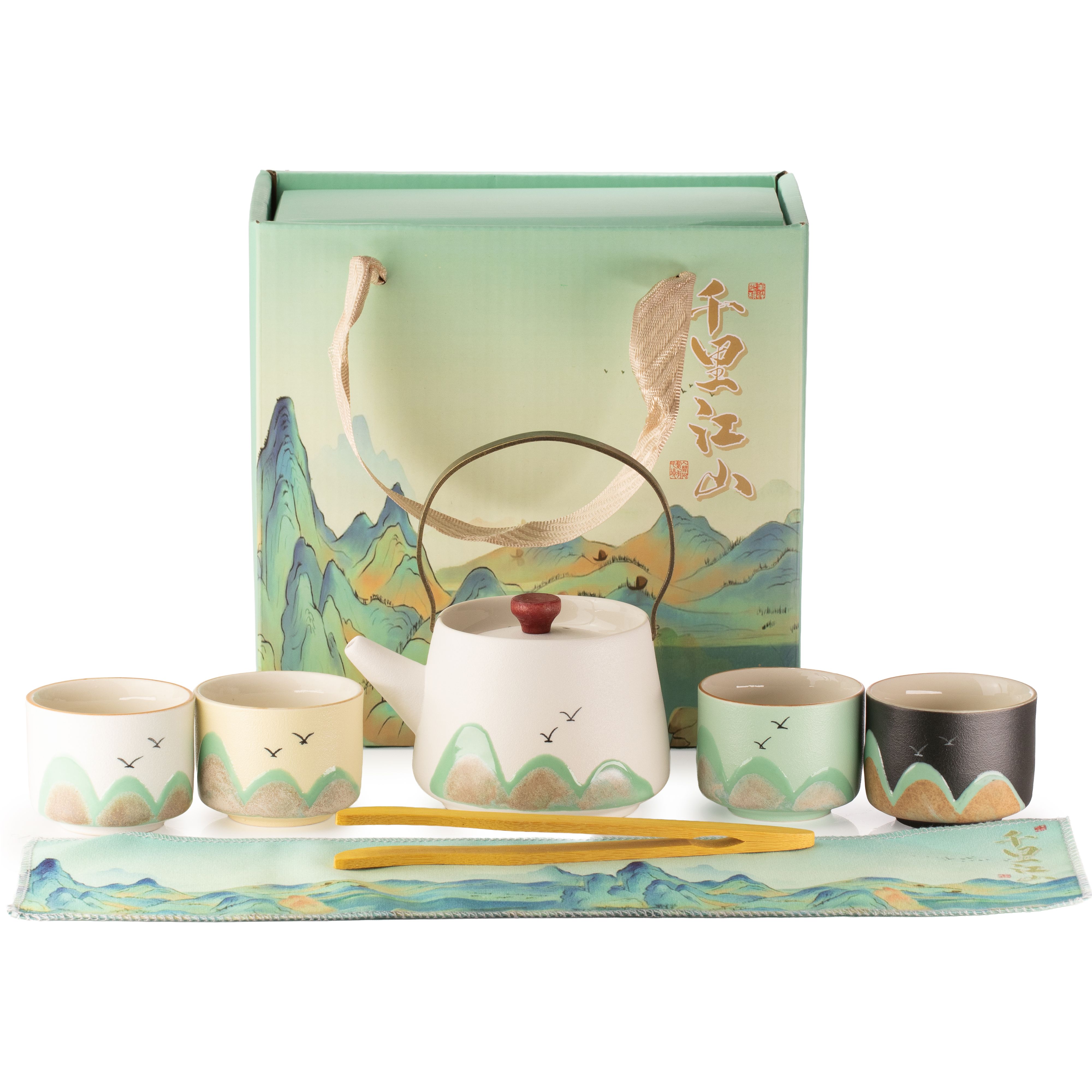 Thousand Miles - Tea Set - Four Cups - Cerimonial Cloth & Bamboo Grip