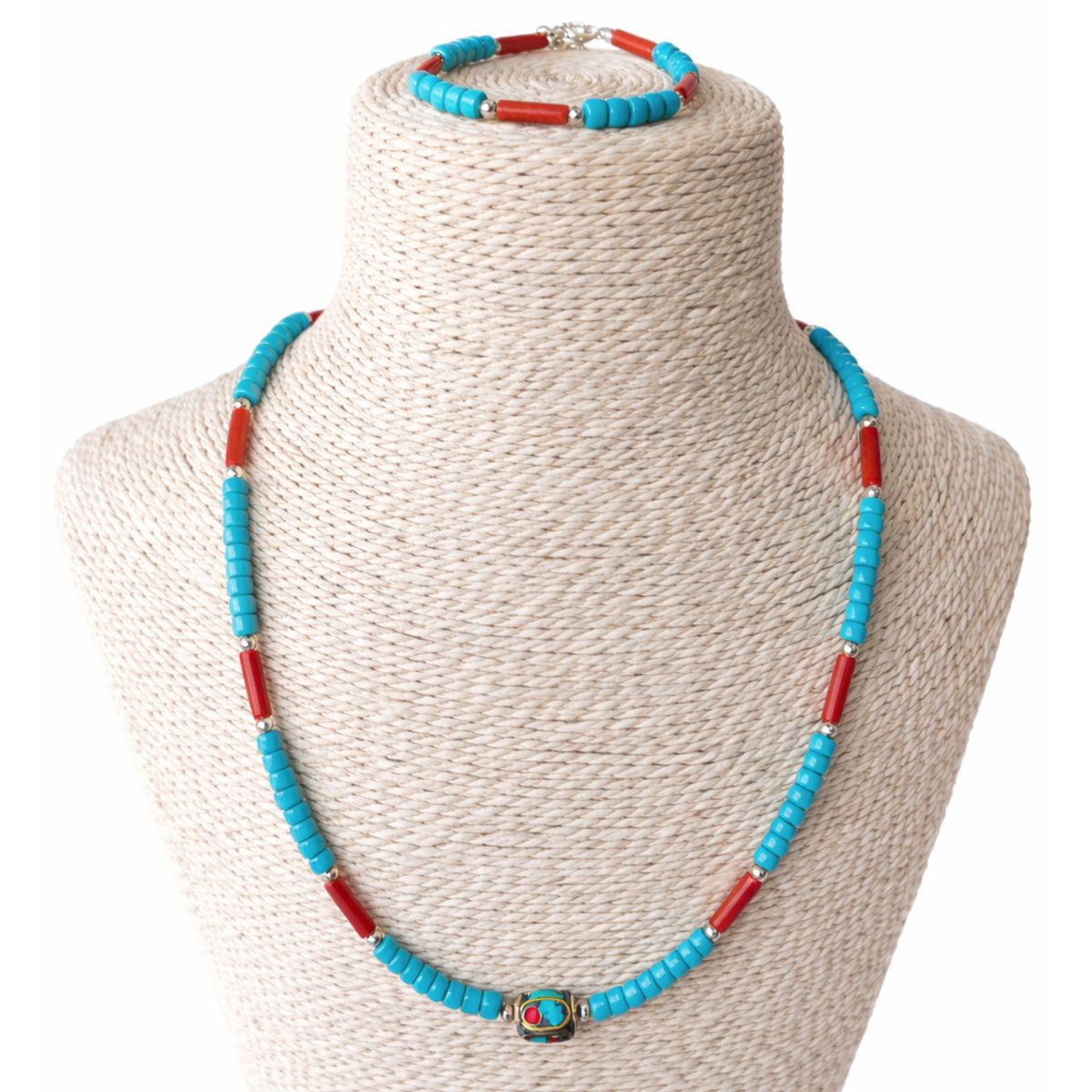 Colar nepalês com contas tribais de turquesa e coralita - (50 cm) e pulseira - (17 cm) conjunto