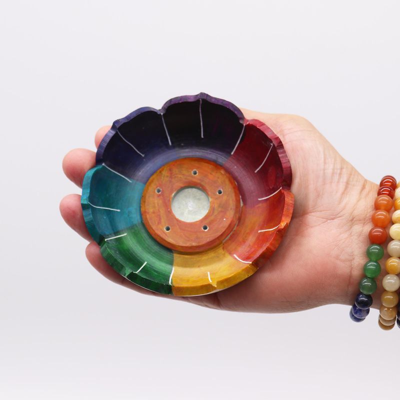 Porte-encens en pierre à savon Fleur de Lotus 10x3 cm - Couleurs des Chakras