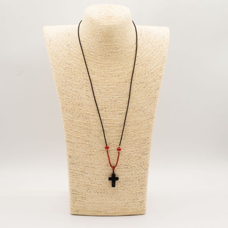 Cord Necklace Gemstone Pendants - Black Agate Cross