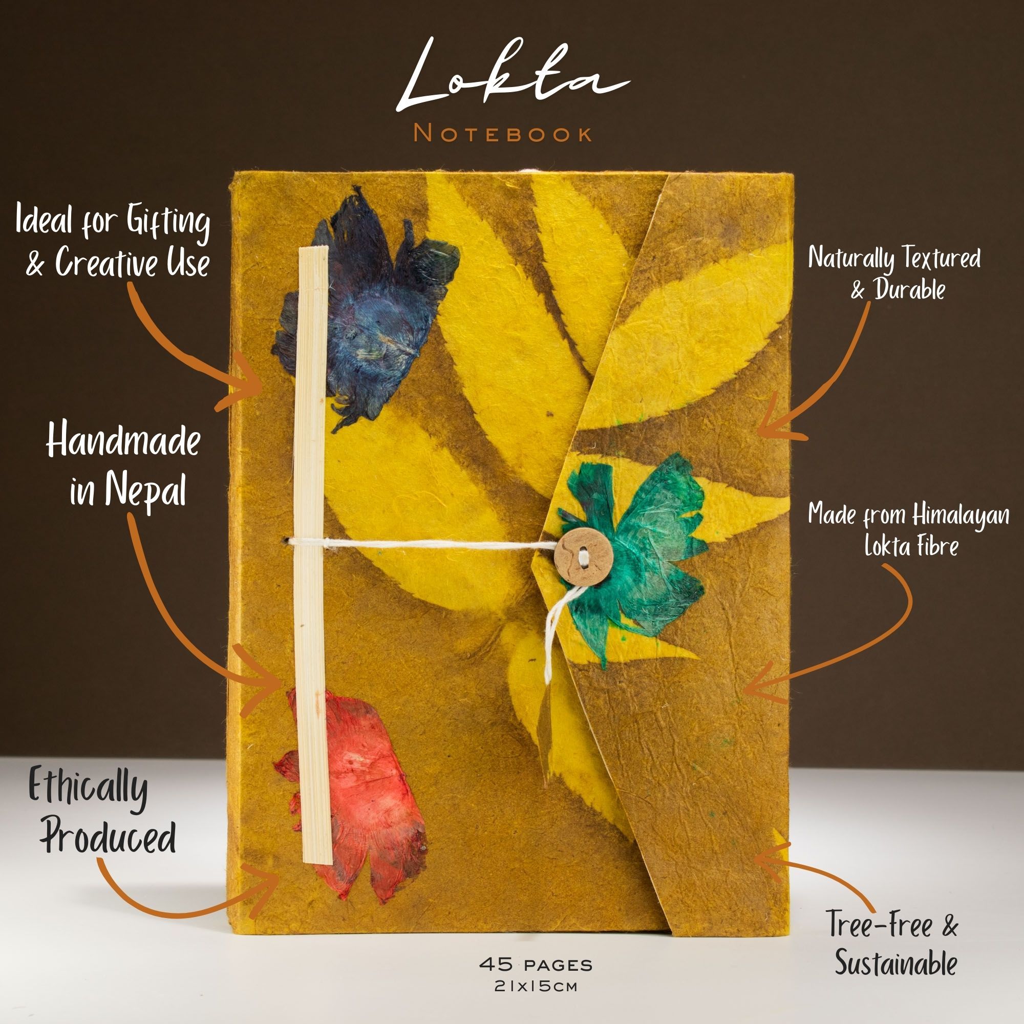 Stor Lokta Anteckningsbok - Stora Blommönster  (21x15cm) - 45 blad - inkl. bokmärke - Senapsgrön