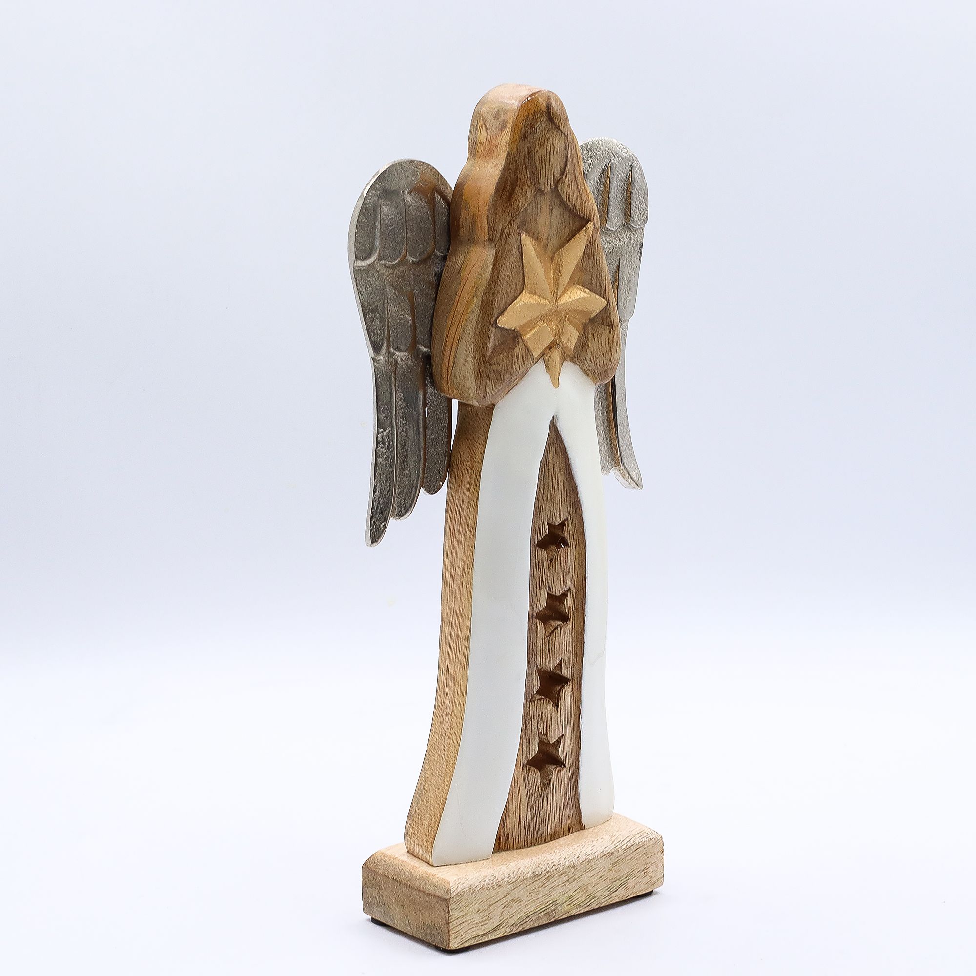 Anjo Estrela Grande de Madeira de Manga Asas de Metal e Detalhe em Esmalte – 30 cm