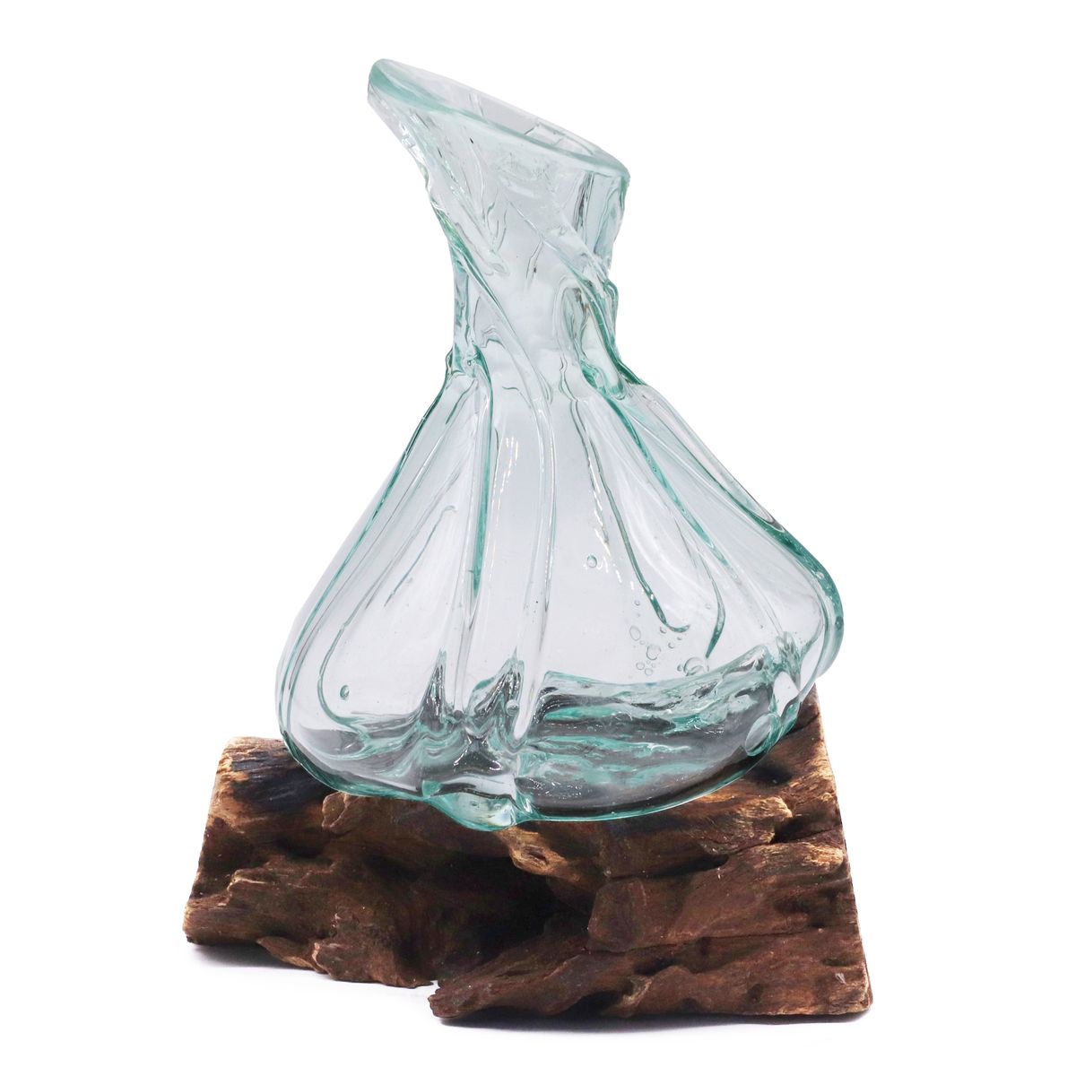 Mini decantador decorativo de vidro fundido sobre uma base de madeira, 24 cm